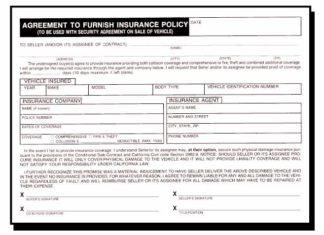 AGREEMENT TO FURNISH INSURANCE